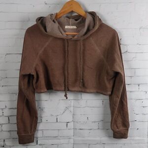 HEART & HIPS BROWN CROPPED LONG SLEEVE HOODED PULL OVER SWEATSHIRT SIZE SMALL
